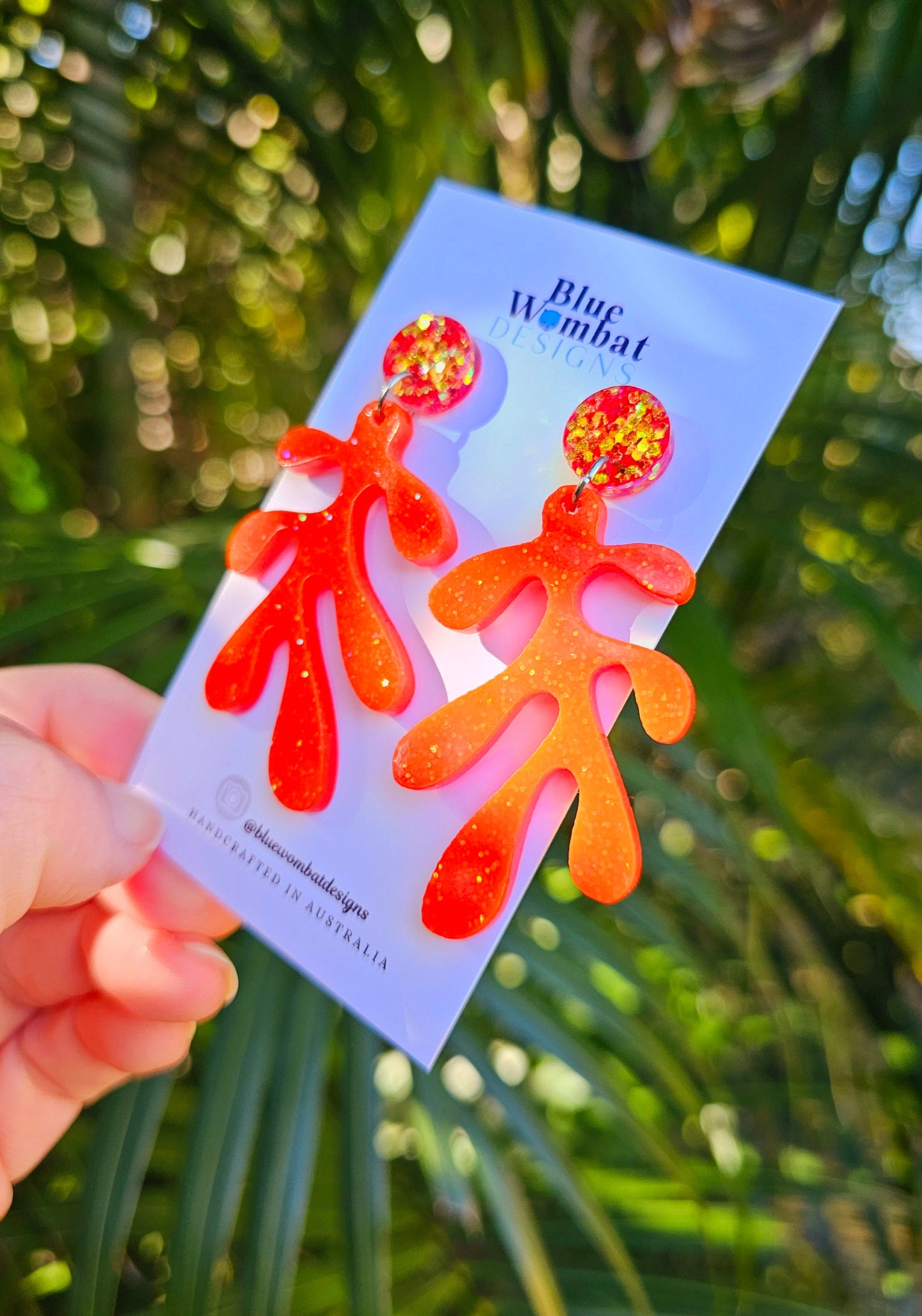 Coral Resin Orange Sparkle Glitter Dangle Handmade Statement Earrings