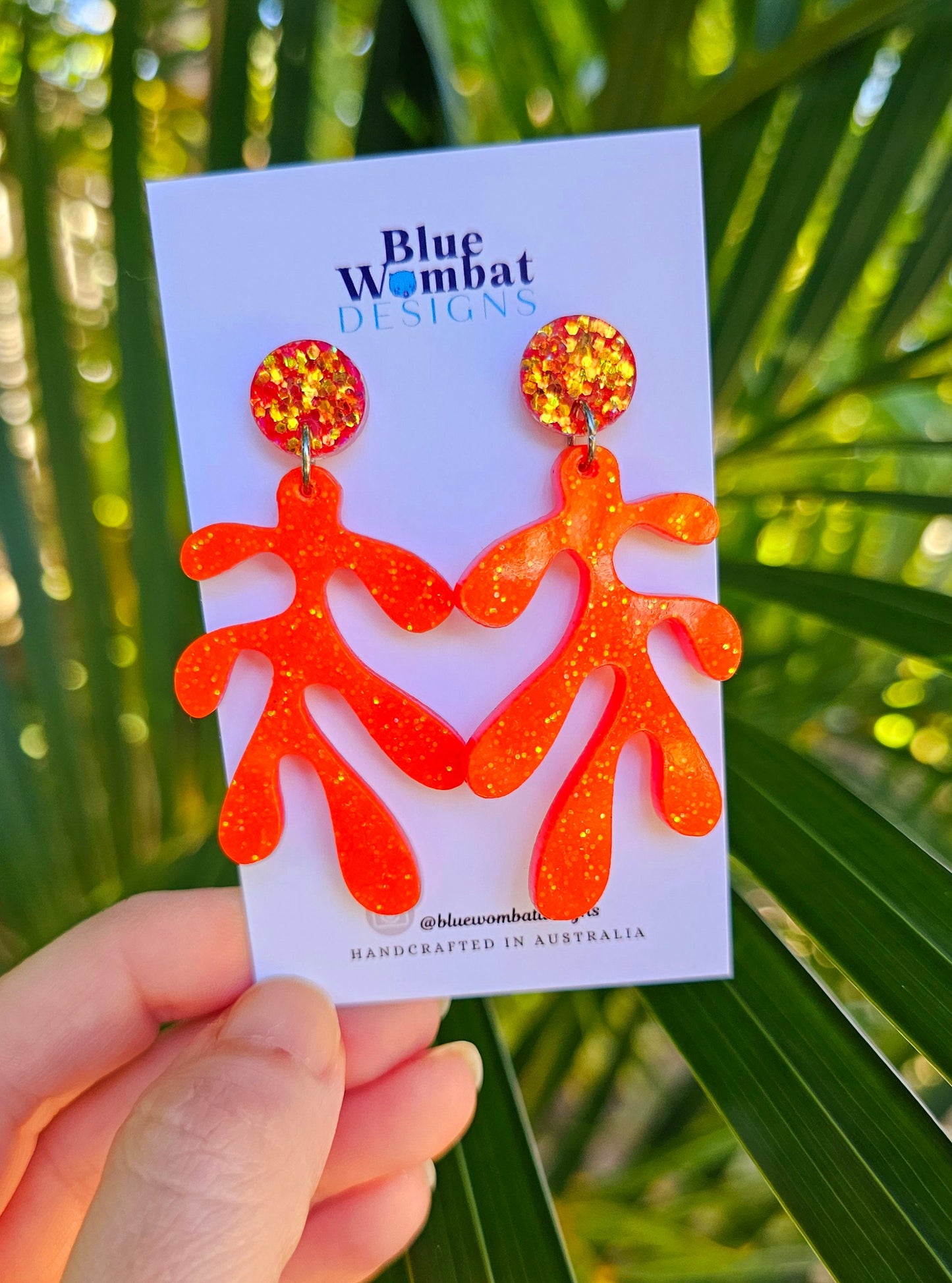 Coral Resin Orange Sparkle Glitter Dangle Handmade Statement Earrings