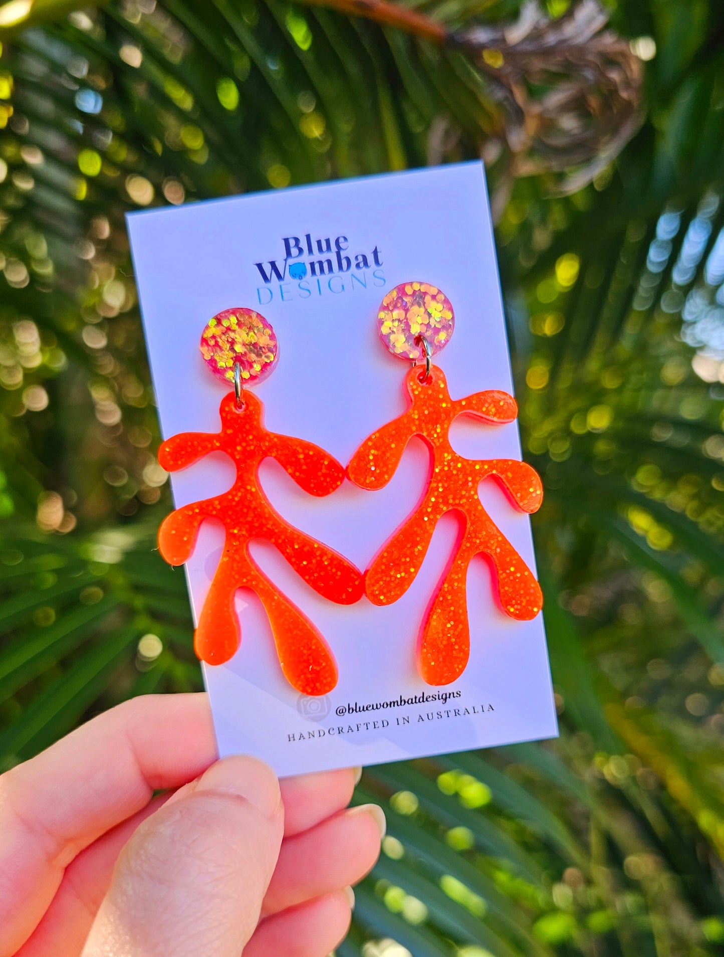 Coral Resin Orange Sparkle Glitter Dangle Handmade Statement Earrings