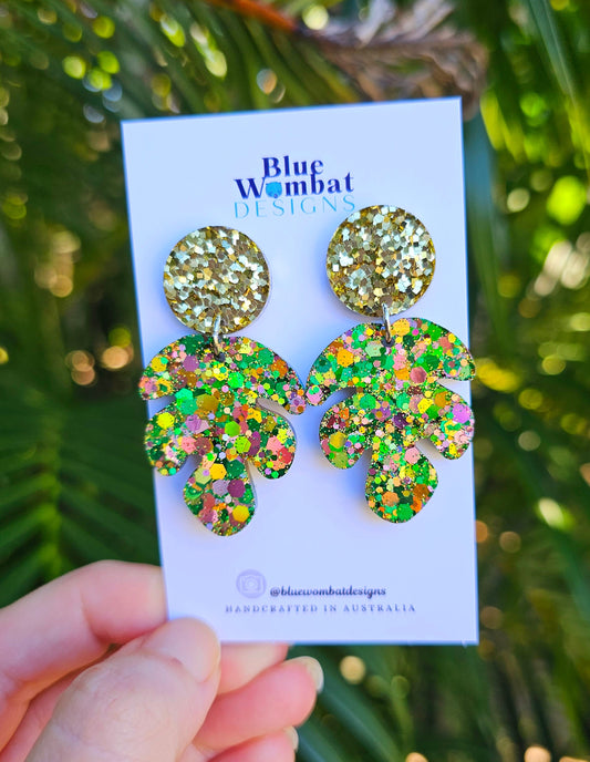 Sparkle Glitter Organic Leaf Dangle Earrings