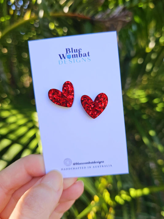 Red Sparkle Glitter Resin Love Heart Stud Earrings 16mm