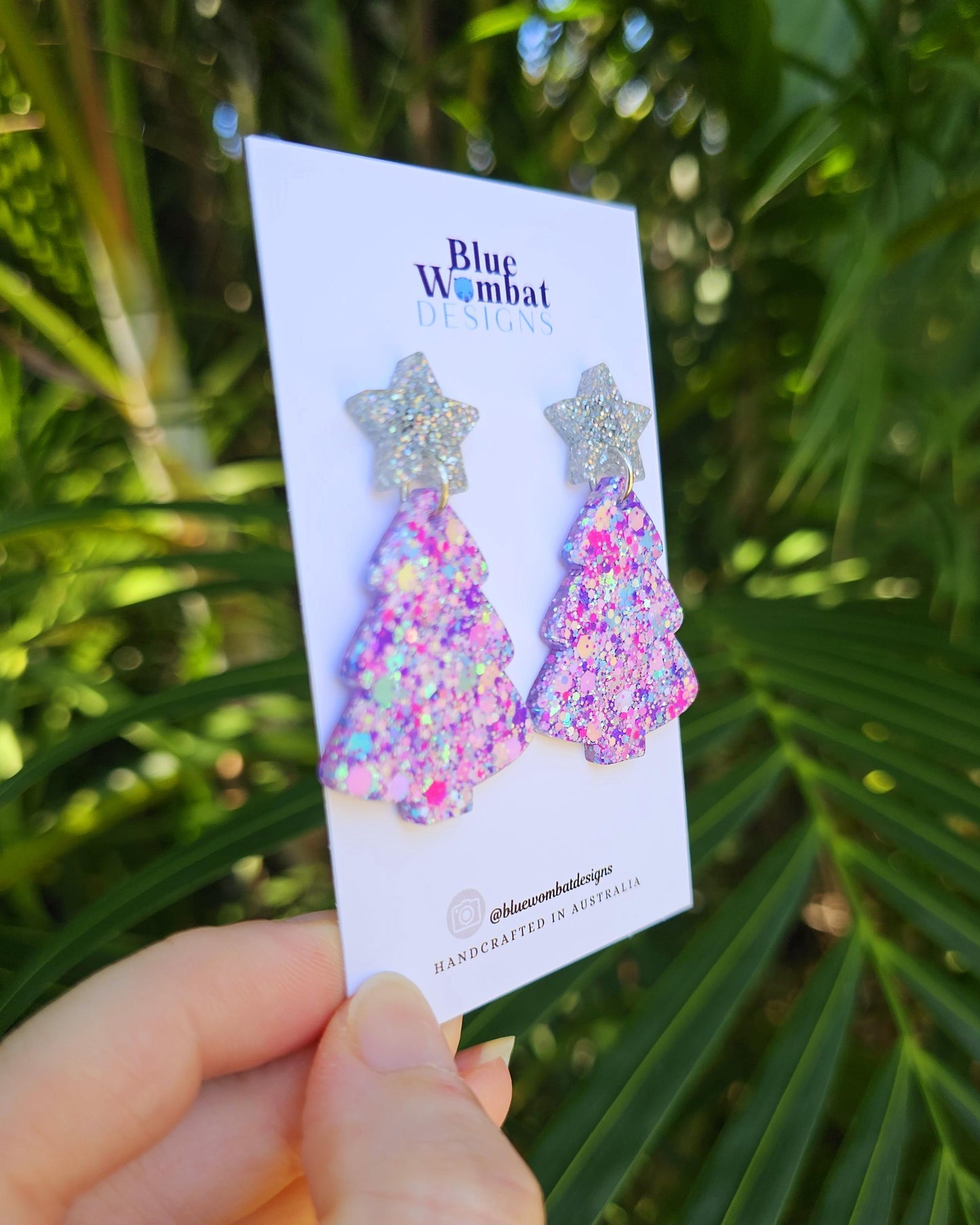 Christmas Tree Glitter Resin Dangle Earrings Handmade