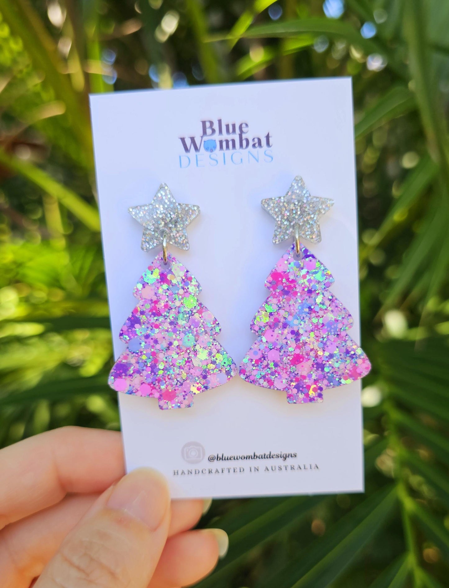 Christmas Tree Glitter Resin Dangle Earrings Handmade