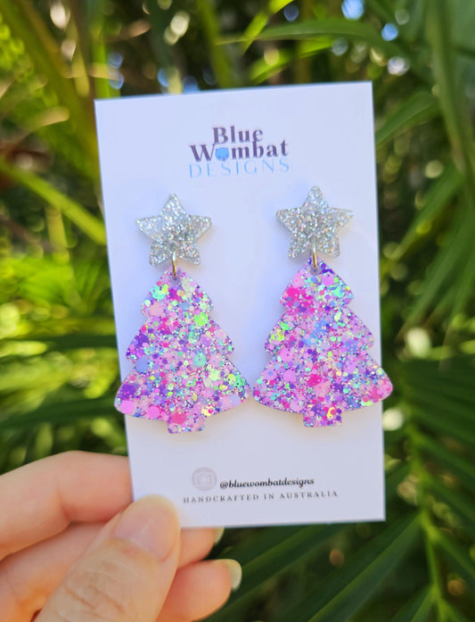 Christmas Tree Glitter Resin Dangle Earrings Handmade