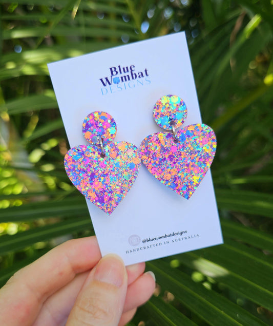 Love Heart Colourful Glitter Resin Handmade Dangle Statement Earrings