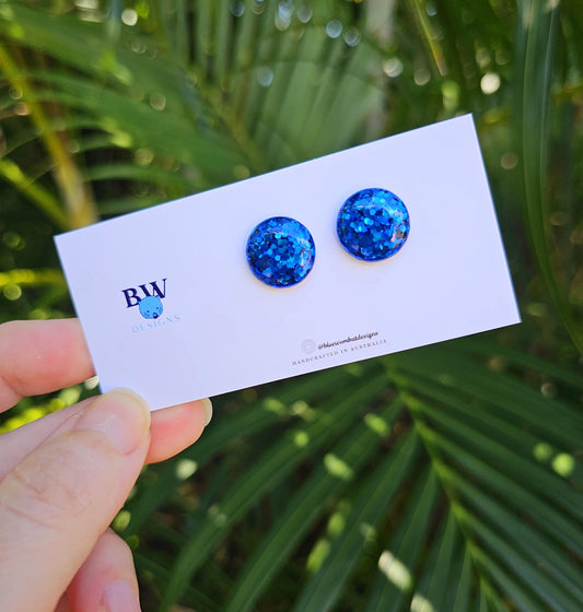 Blue Glitter Resin Domed Studs 14mm