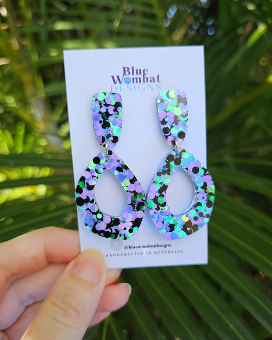 Resin Organic Hoop Colourful Glitter Statement Dangle Earrings