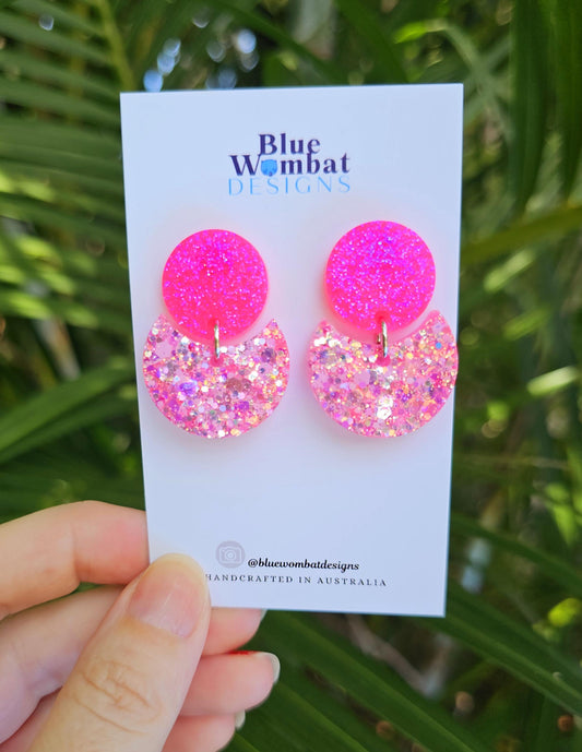 Pink Glitter Sparkle Resin Small Dangle Statement Earrings
