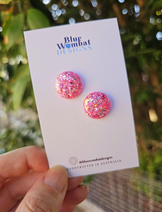 Pink Glitter Sparkle Resin Domed Studs 16mm