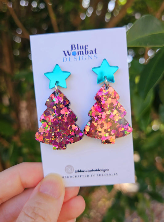Christmas Tree Chameleon Glitter Resin Dangle Earrings Handmade