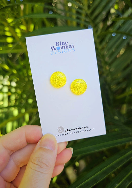 Bright Yellow Glitter Resin Domed Studs 14mm