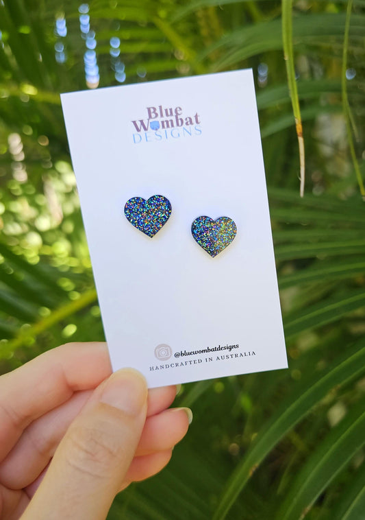 Dark Sparkle Glitter Love Heart Resin Small Stud Earrings