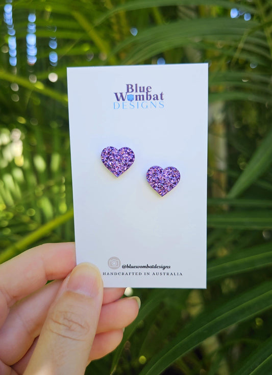 Purple Glitter Love Heart Resin Small Stud Earrings