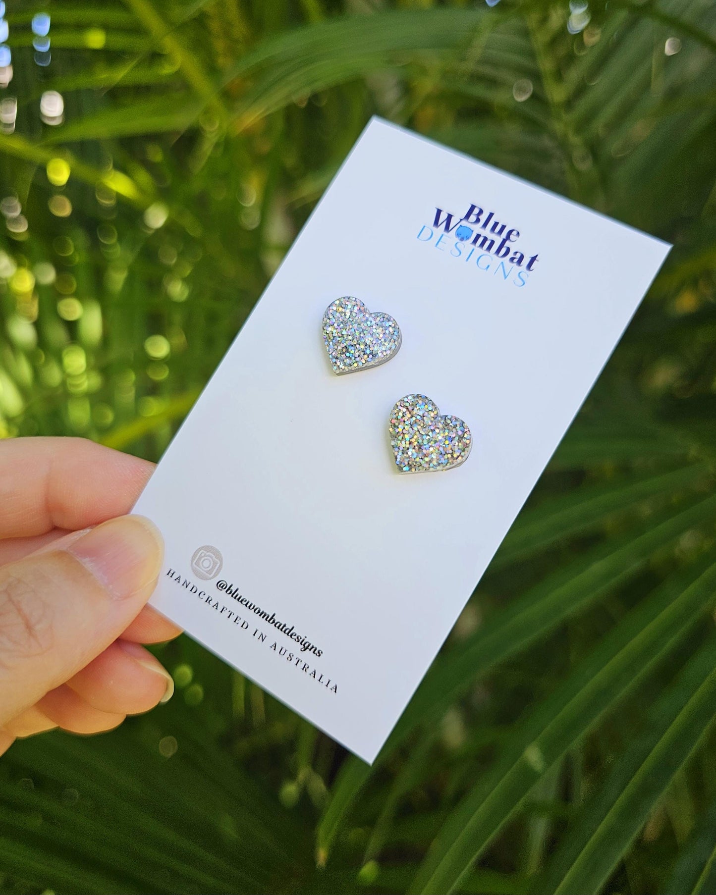 Silver Sparkle Glitter Love Heart Resin Small Stud Earrings