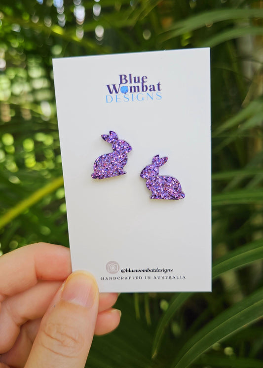 Rabbit Bunny Purple Glitter Resin Handmade Studs