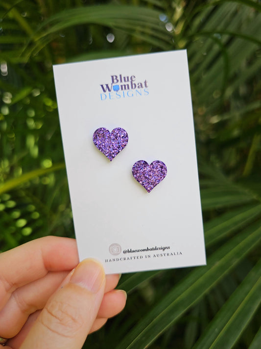 Purple Glitter Resin Love Heart Stud Earrings