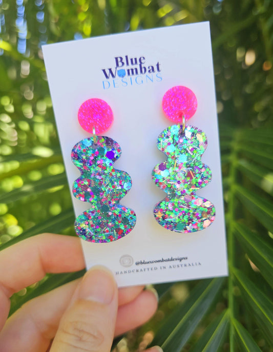 Colourful Glitter Squiggle Resin Statement Dangle Earrings