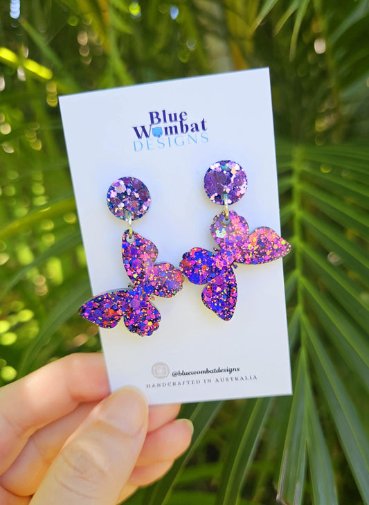 Butterfly Chameleon Glitter Resin Statement Dangle Earrings