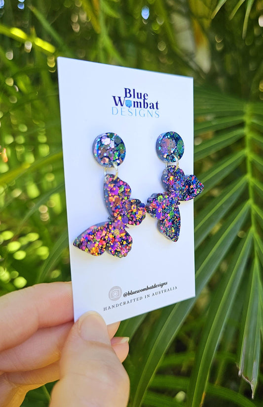 Butterfly Chameleon Glitter Resin Statement Dangle Earrings