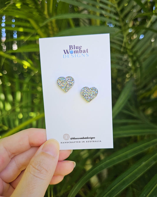 Silver Sparkle Glitter Love Heart Resin Small Stud Earrings