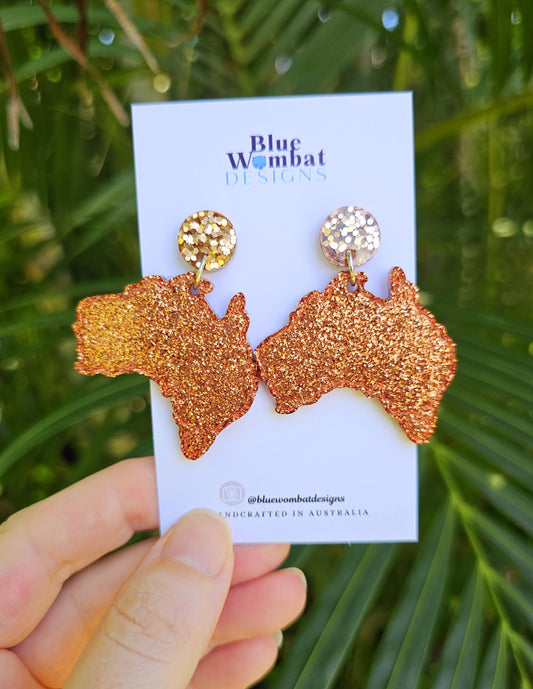Australia Map Glitter Resin Dangle Statement Earrings