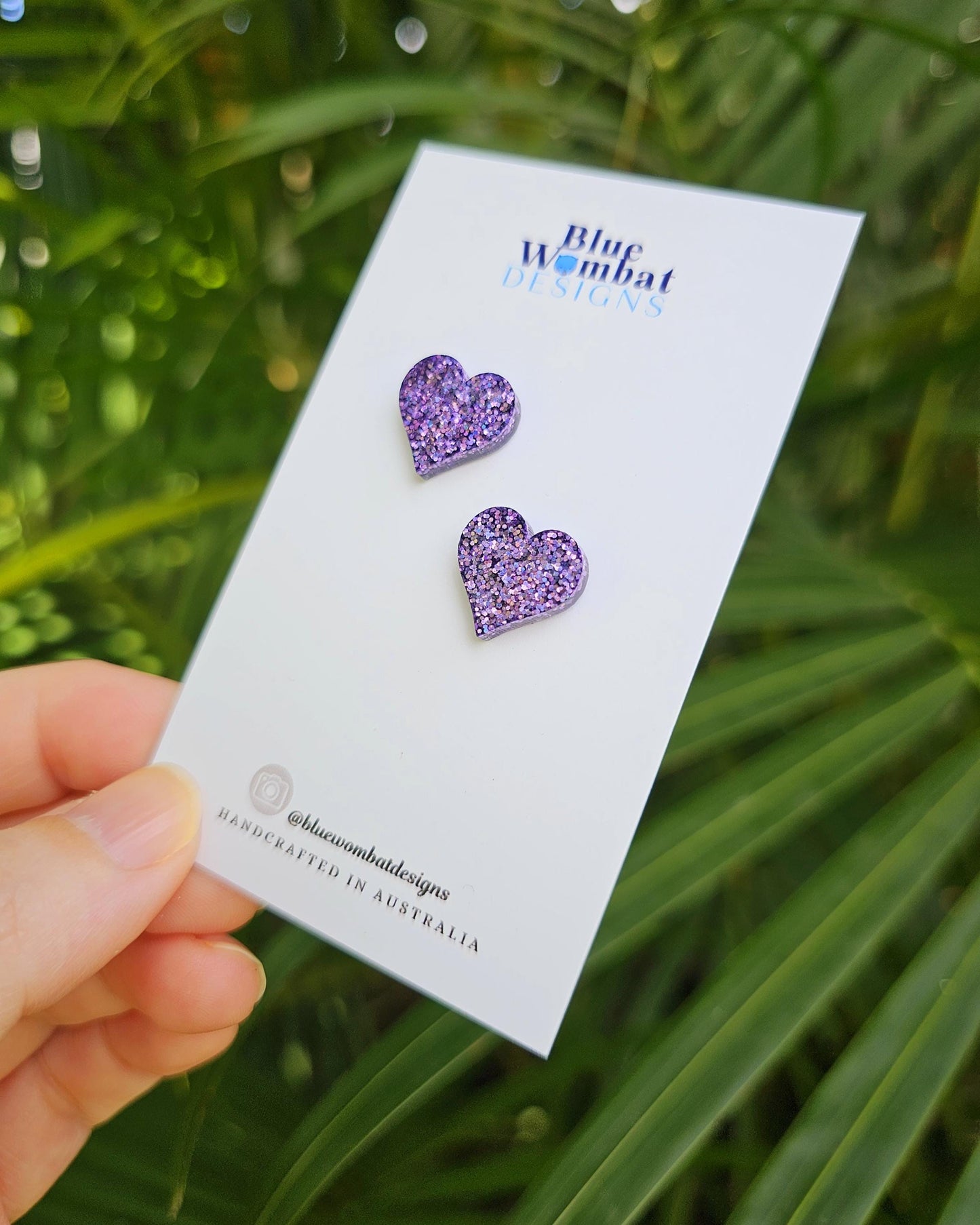Purple Glitter Resin Love Heart Stud Earrings