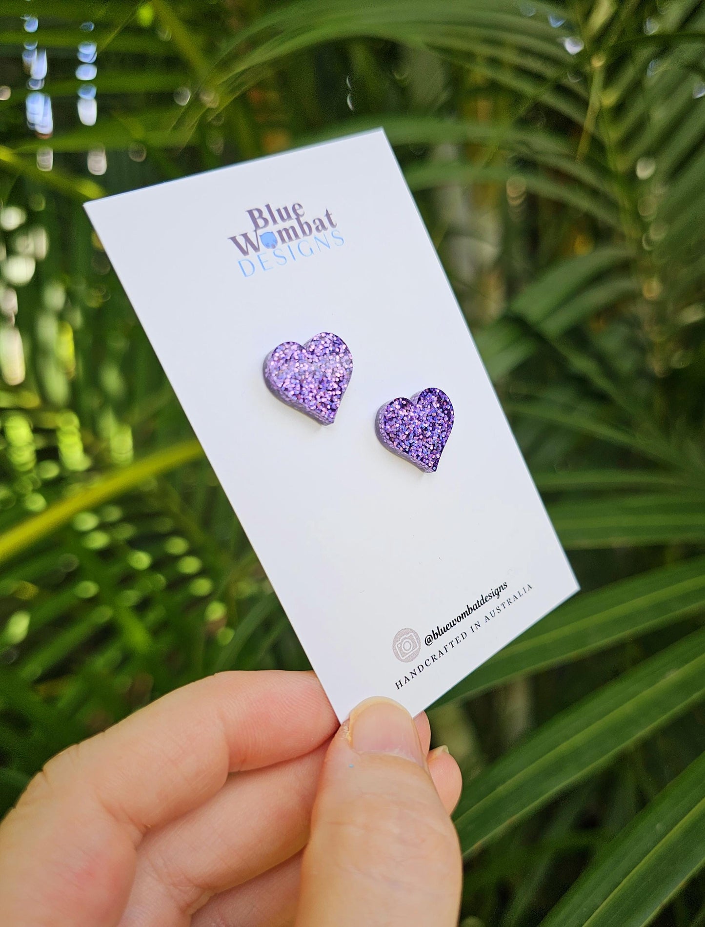 Purple Glitter Resin Love Heart Stud Earrings