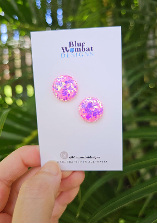 Iridescent Pink Glitter Resin Domed Studs 16mm