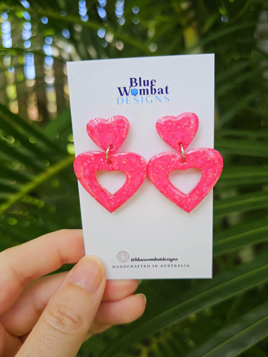 Pink Love Heart Glitter Resin Sparkle Domed Dangle Earrings