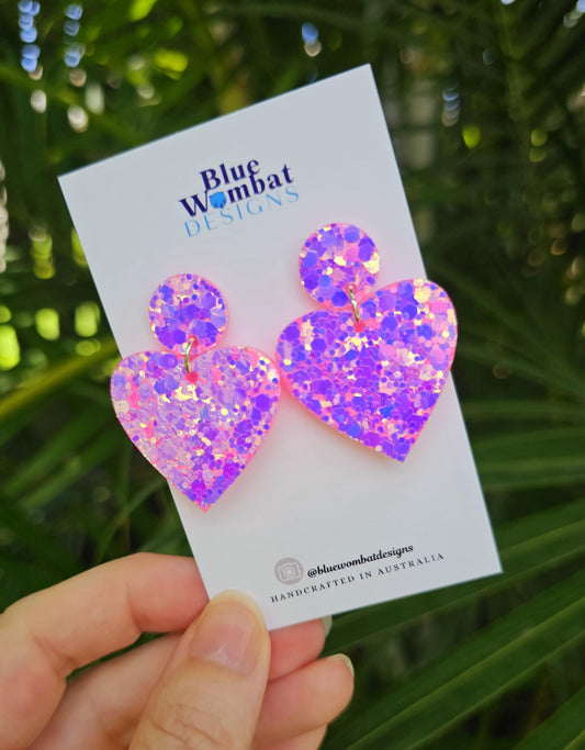Sparkle Pink Love Heart Glitter Resin Dangle Statement Earrings