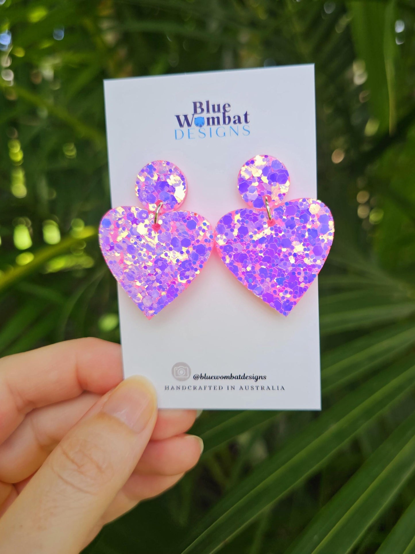Sparkle Pink Love Heart Glitter Resin Dangle Statement Earrings