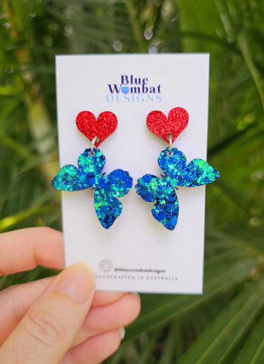Butterfly Chameleon Glitter Resin Love Heart Statement Dangle Earrings