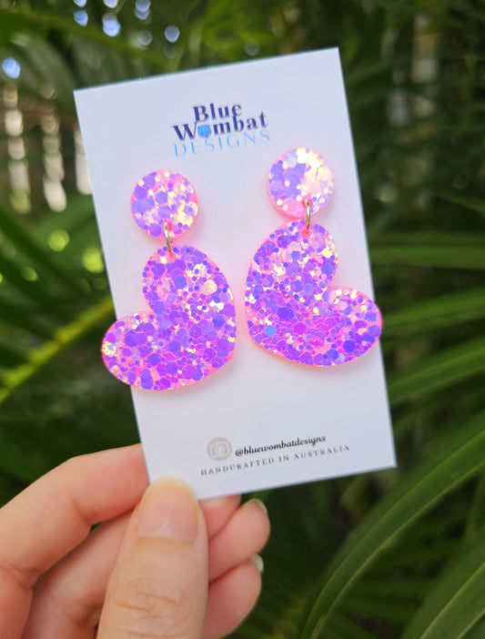 Sparkle Pink Iridescent Glitter Resin Dangle Statement Earrings