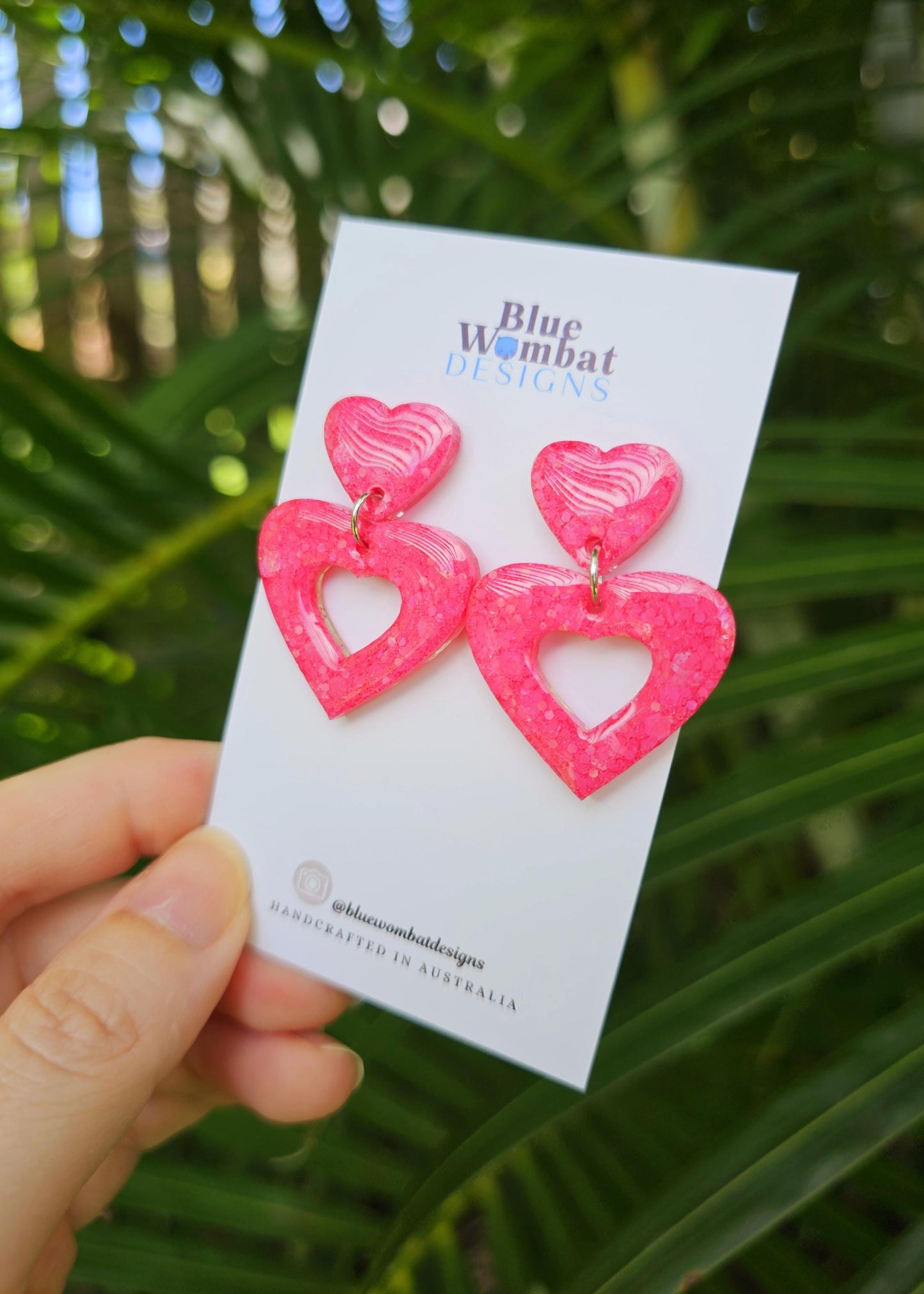 Pink Love Heart Glitter Resin Sparkle Domed Dangle Earrings