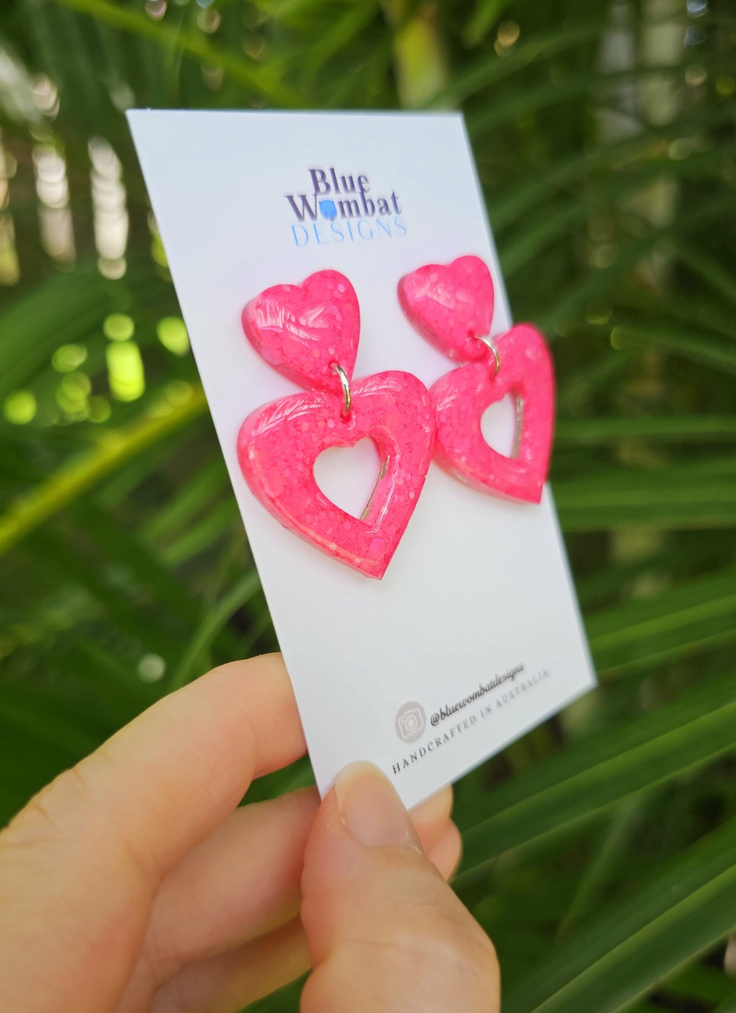 Pink Love Heart Glitter Resin Sparkle Domed Dangle Earrings