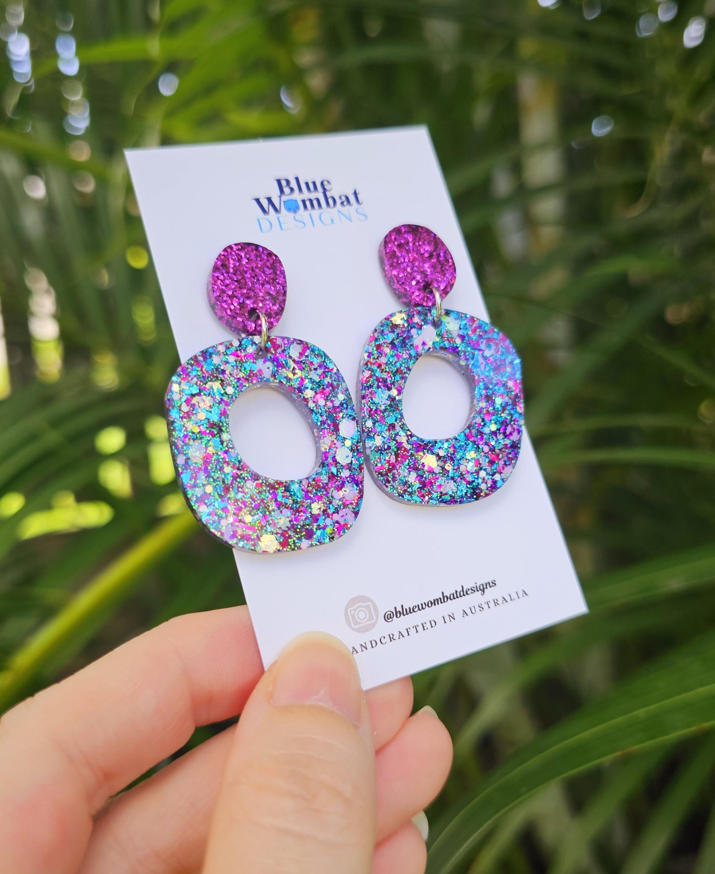 Handmade Glitter Resin Organic Shape Dangle Earrings 50mm x 30mm