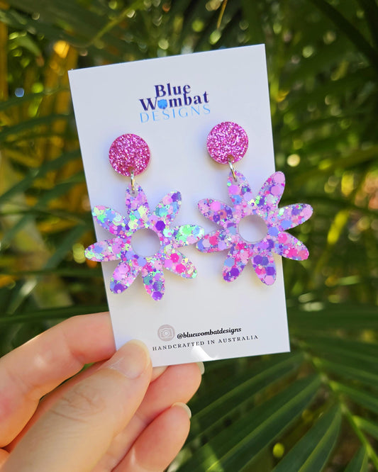 Flower Dangles Colourful Glitter Resin Statement Earrings