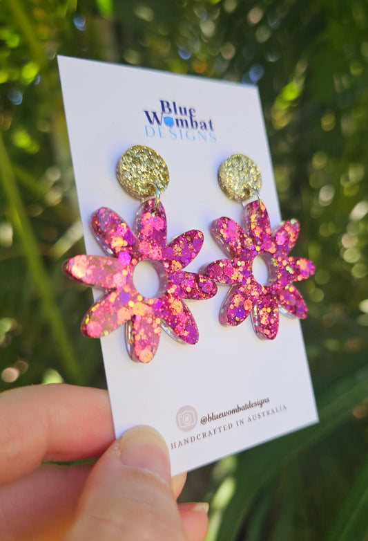 Flower Dangles Chameleon Glitter Resin Statement Earrings