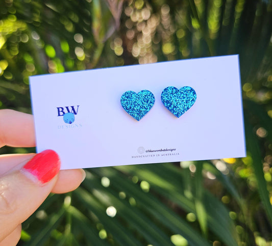 Blue Glitter Love Heart Resin Small Stud Earrings