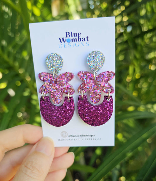 Handmade Sparkle Glitter Pink Resin Statement Dangle Earrings