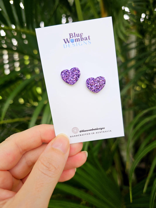 Purple Glitter Love Heart Resin Stud Earrings