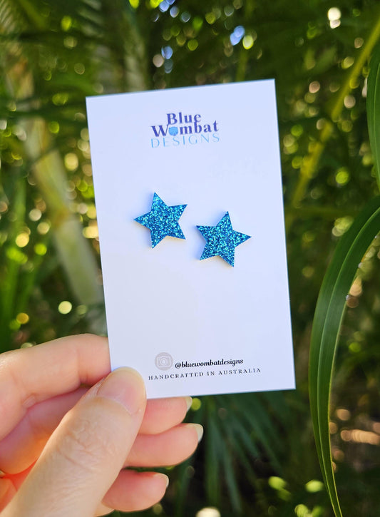 Resin Star Blue Glitter Stud Earrings 15mm