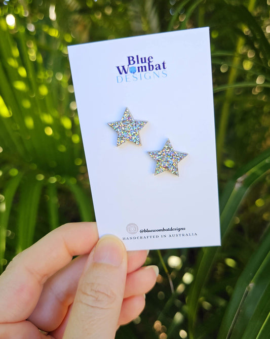 Silver Star Resin Glitter Stud Earrings 15mm