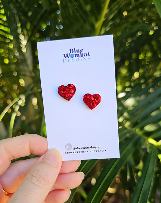 Red Sparkle Glitter Love Heart Resin Small Stud Earrings