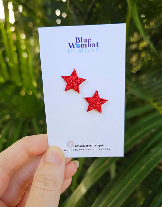 Red Glitter Star Resin Stud Earrings 15mm