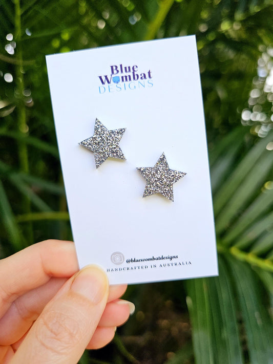 Star Silver Glitter Resin Studs 20mm