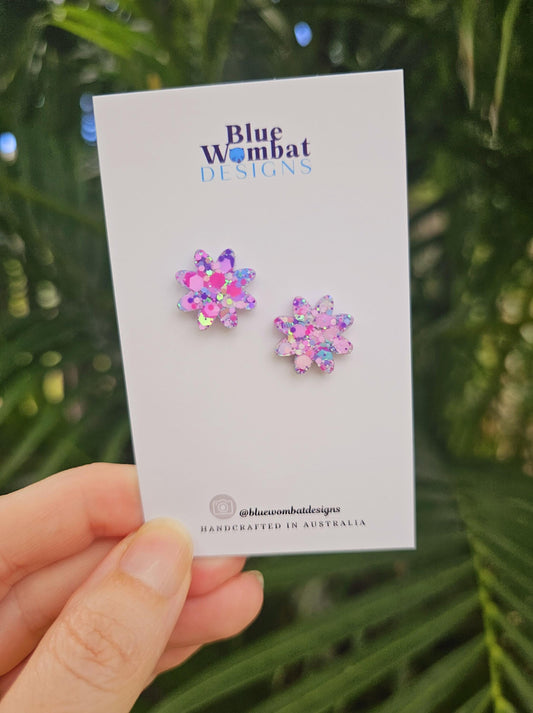 Pink Flower Glitter Resin Domed Studs 16mm