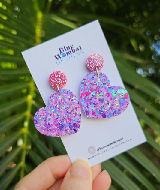 Love Heart Glitter Resin Handmade Dangle Statement Earrings