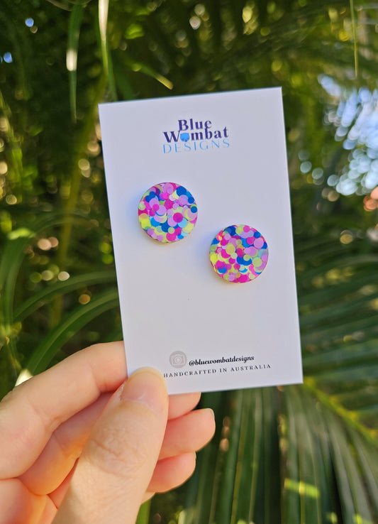 Colourful Resin Spotty Glitter Stud Earrings 17mm