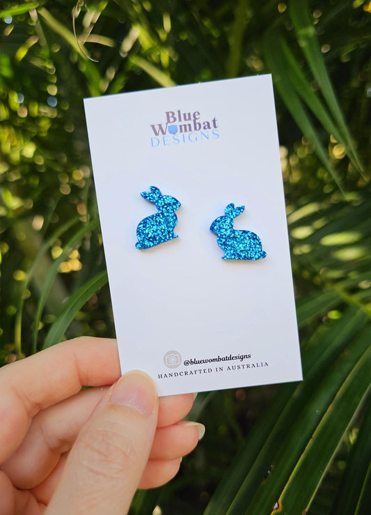 Rabbit Resin Blue Glitter Earring Studs